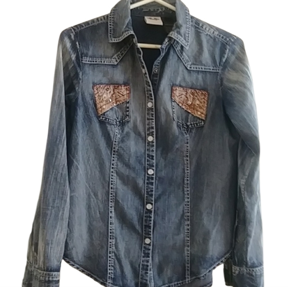 Harley Davidson motorcycle western snap down long sleeve jean Denim shirt top XS